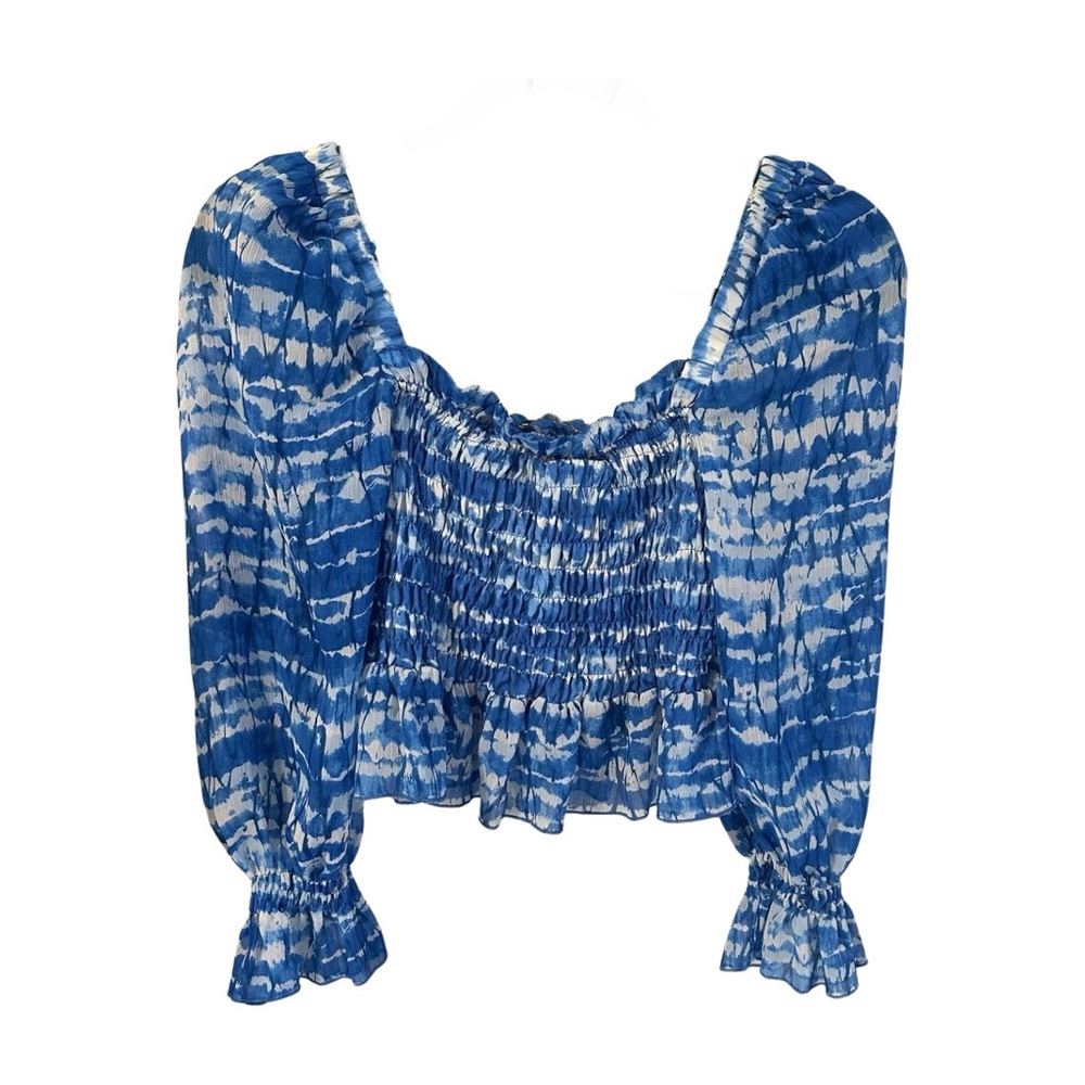 ZARA Blue Tie-Dye Smocked Puff Sleeve Top – Coastal Boho Festival Vibes Size L